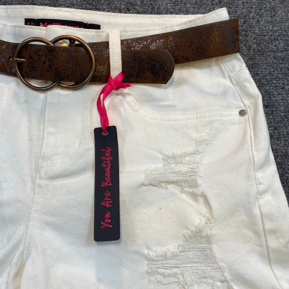 New Dollhouse White Distressed Jean Shorts Jorts Belted Cuffed Womens 11 - Picture 2 of 7
